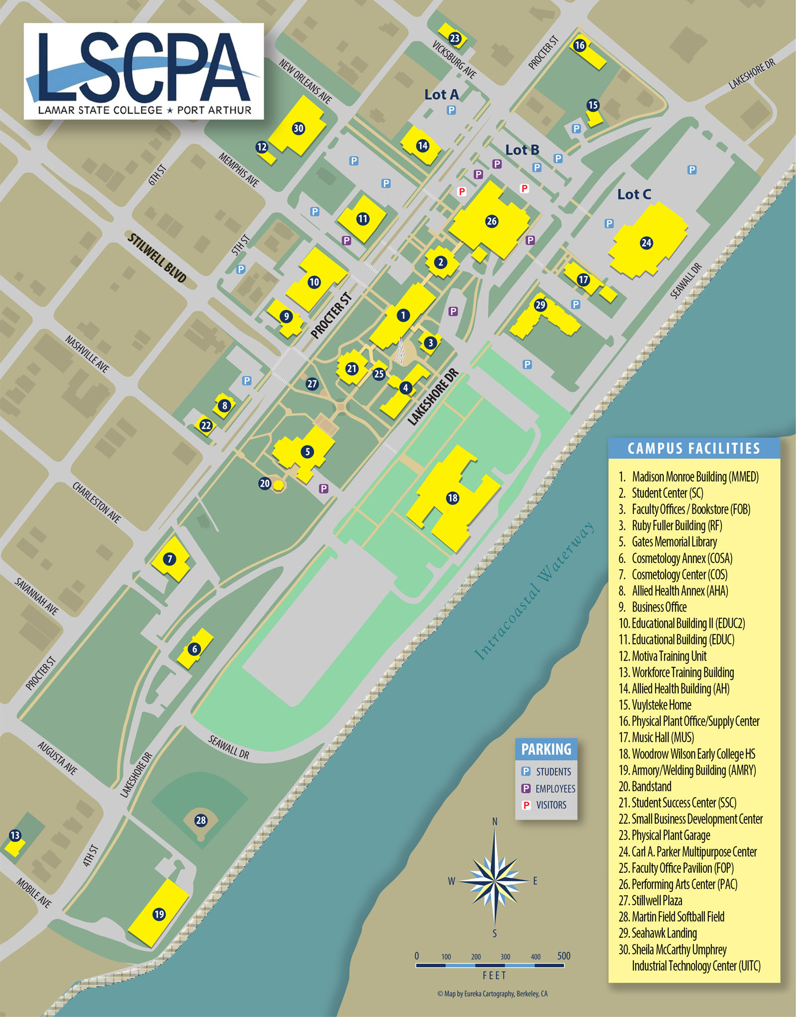 Campus map showing buildings and parking areas.