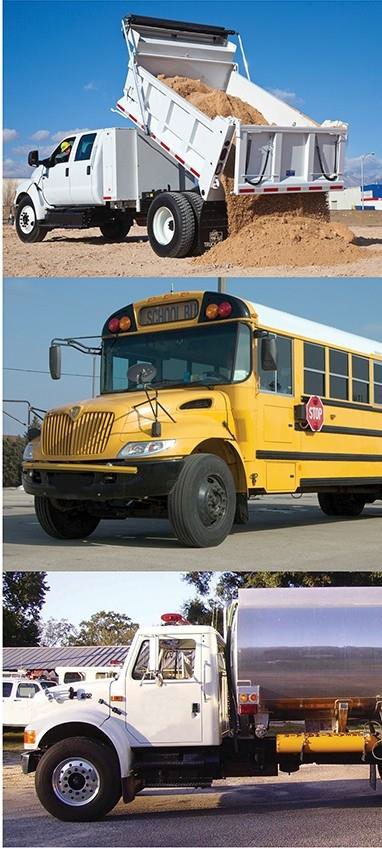 Photos of a dump truck, school bus, and tanker truck